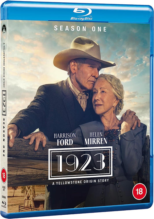 1923" Blu-ray cover featuring Harrison Ford and Helen Mirren in a western setting.