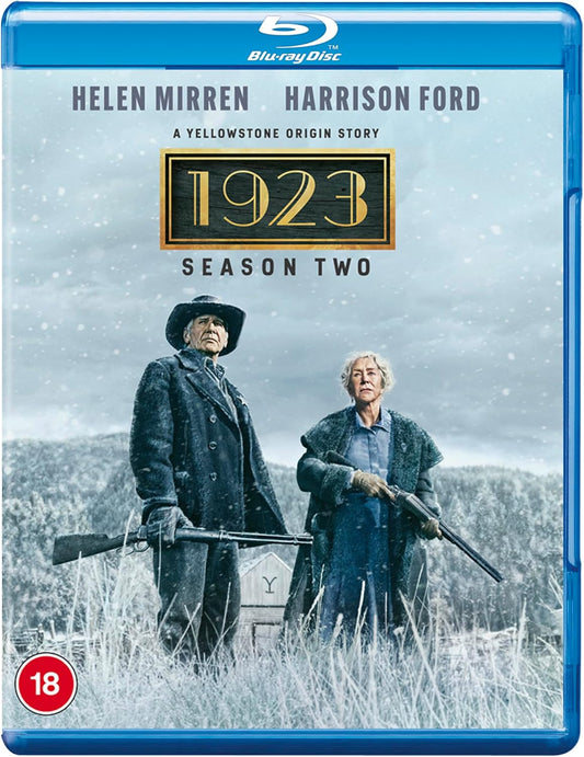 Harrison Ford and Helen Mirren stand in snow holding rifles on 1923 Season 2 Blu-ray.
