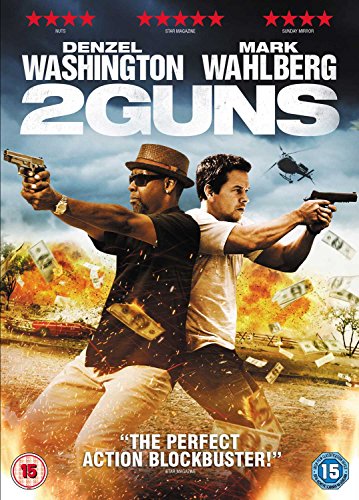 DVD cover for "2 Guns" featuring Denzel Washington and Mark Wahlberg with guns.