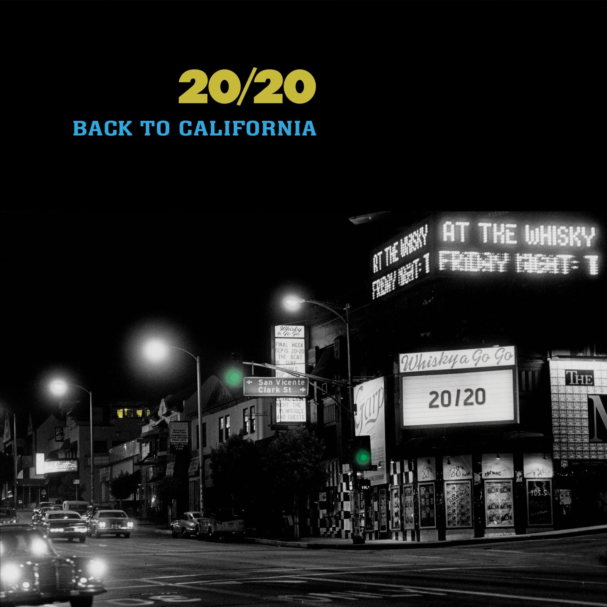 Black and white album cover for 20/20’s “Back To California” with a city street scene.