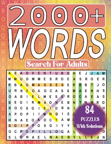 Word search puzzle book cover with grid, title, and solutions section.