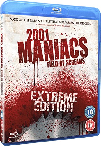 2001 Maniacs: Field of Screams" Blu-ray cover with blood splatter and red text.