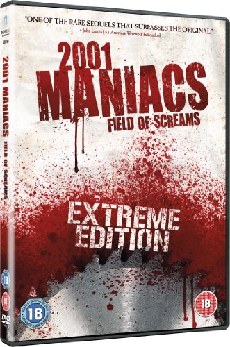DVD case for "2001 Maniacs: Field of Screams" with red splatter design and "18" rating stickers.