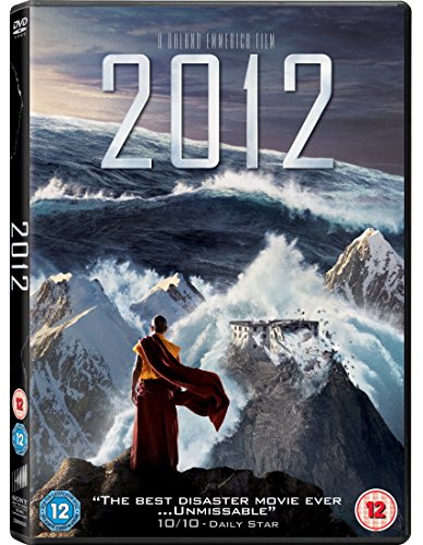 DVD case for "2012" with a monk standing on a mountain amidst a massive wave.