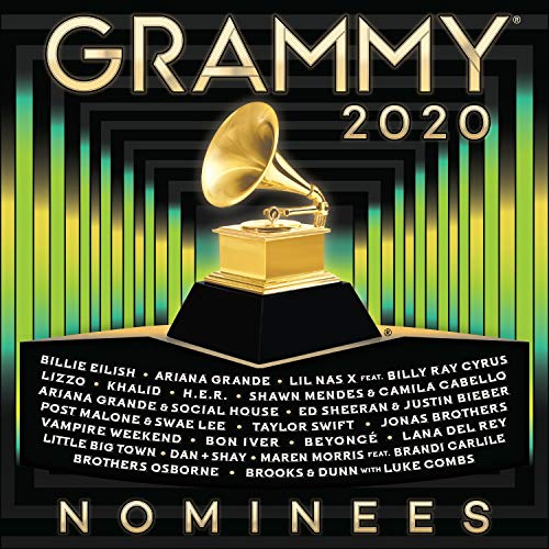 "Gold Grammy award on a black base, surrounded by green and black background."