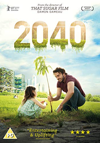 2040 DVD cover: man and child planting a tree, green foliage.