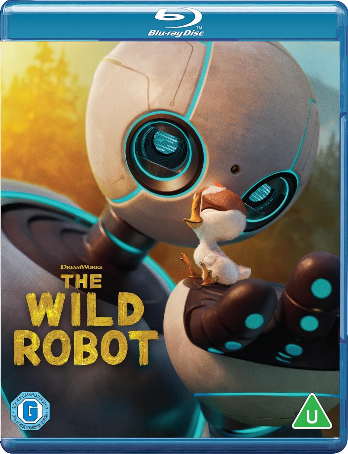 Blu-ray cover art featuring a robot holding a small bird, titled The Wild Robot.