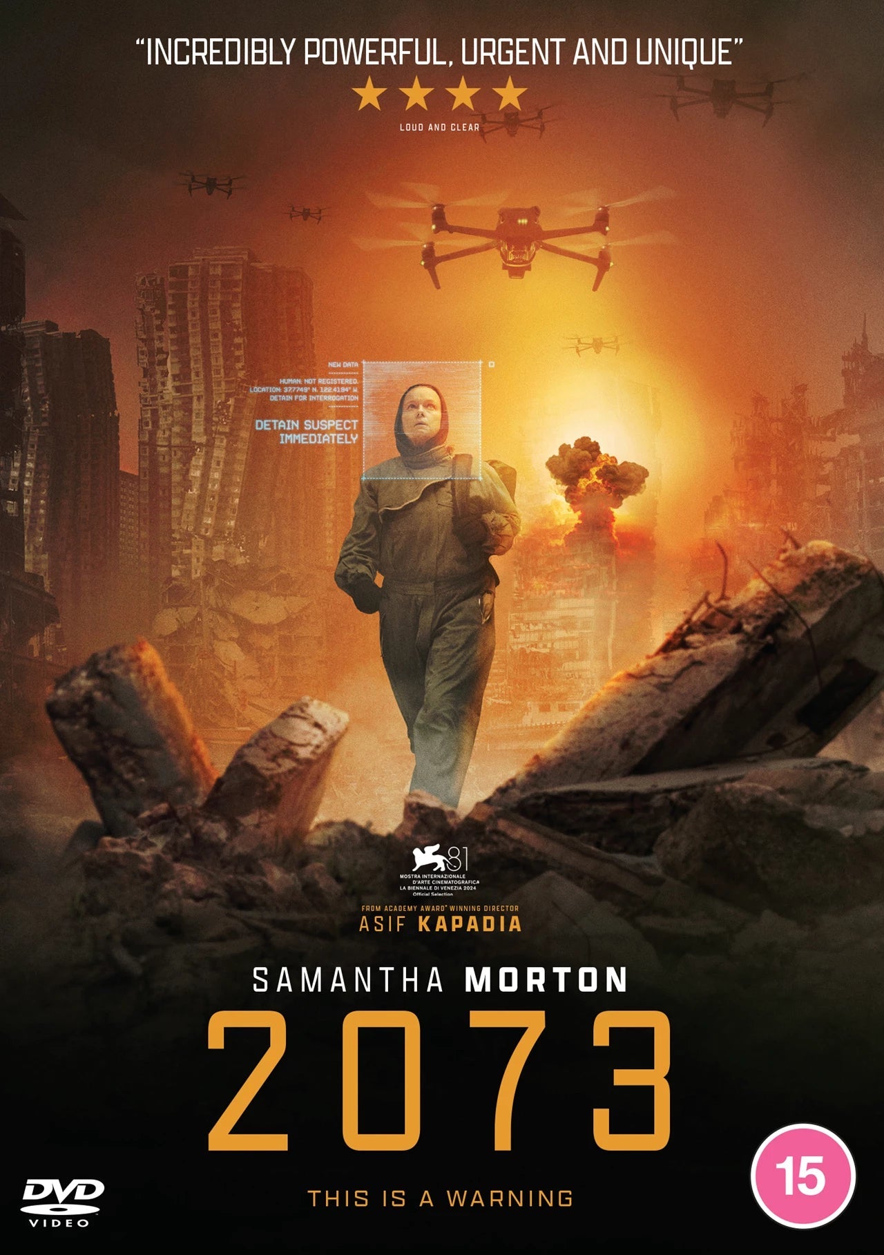 A person walks through a ruined city under surveillance by drones in this film poster.