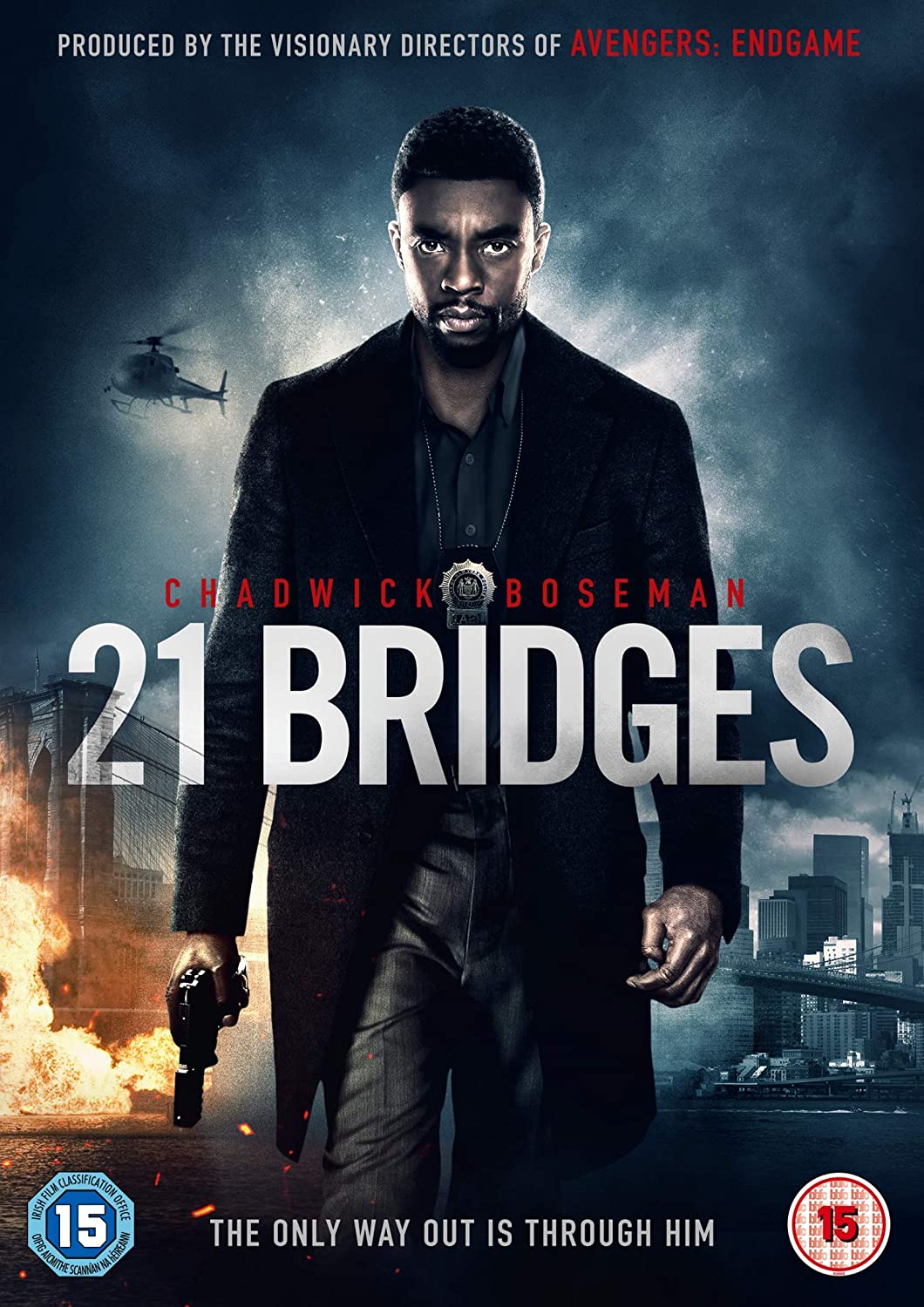 DVD cover for "21 Bridges" featuring Chadwick Boseman holding a gun, with a burning building.