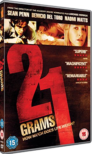 DVD cover for "21 Grams" featuring actors Sean Penn, Benicio del Toro, and Naomi Watts.