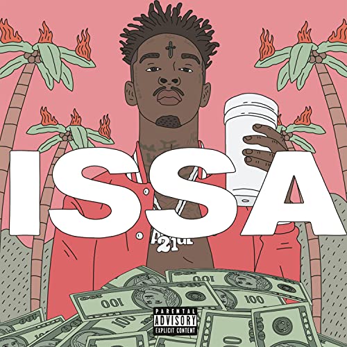 21 Savage album cover, illustrated portrait with palm trees and money.