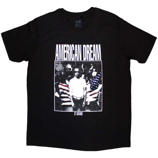 Black unisex t-shirt featuring 21 Savage American Dream album artwork on the front.