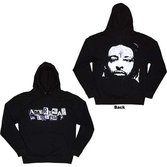 Black unisex pullover hoodie featuring a large graphic print on the back.
