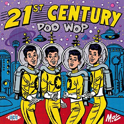 CD cover: Retro illustration of four spacemen singing doo wop.