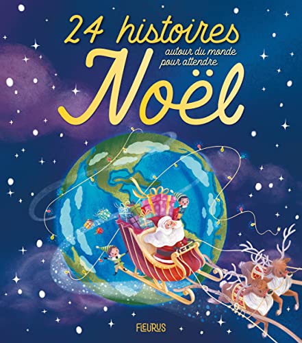 Book cover: Santa’s sleigh flies around a decorated world with reindeer.
