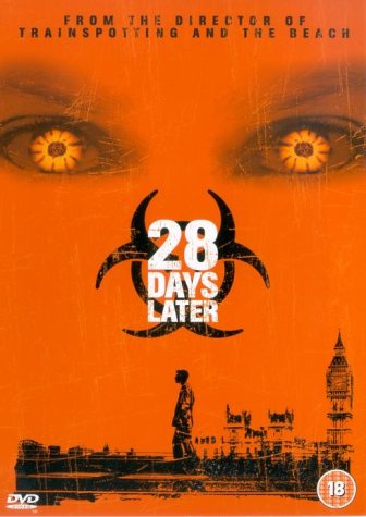 28 Days Later" DVD cover with red background, biohazard symbol, and London skyline.