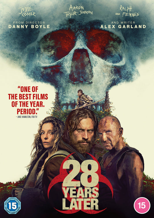 DVD cover for "28 Years Later" featuring figures in a post-apocalyptic scene.