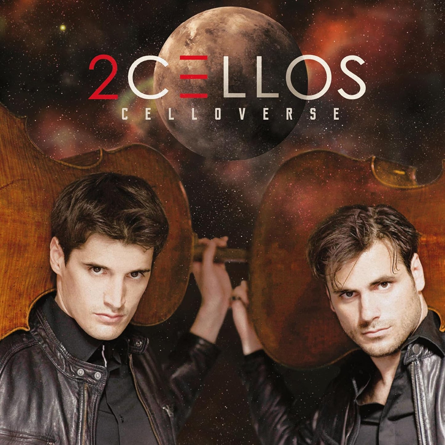Two men in leather jackets holding cellos against a space background with a planet.