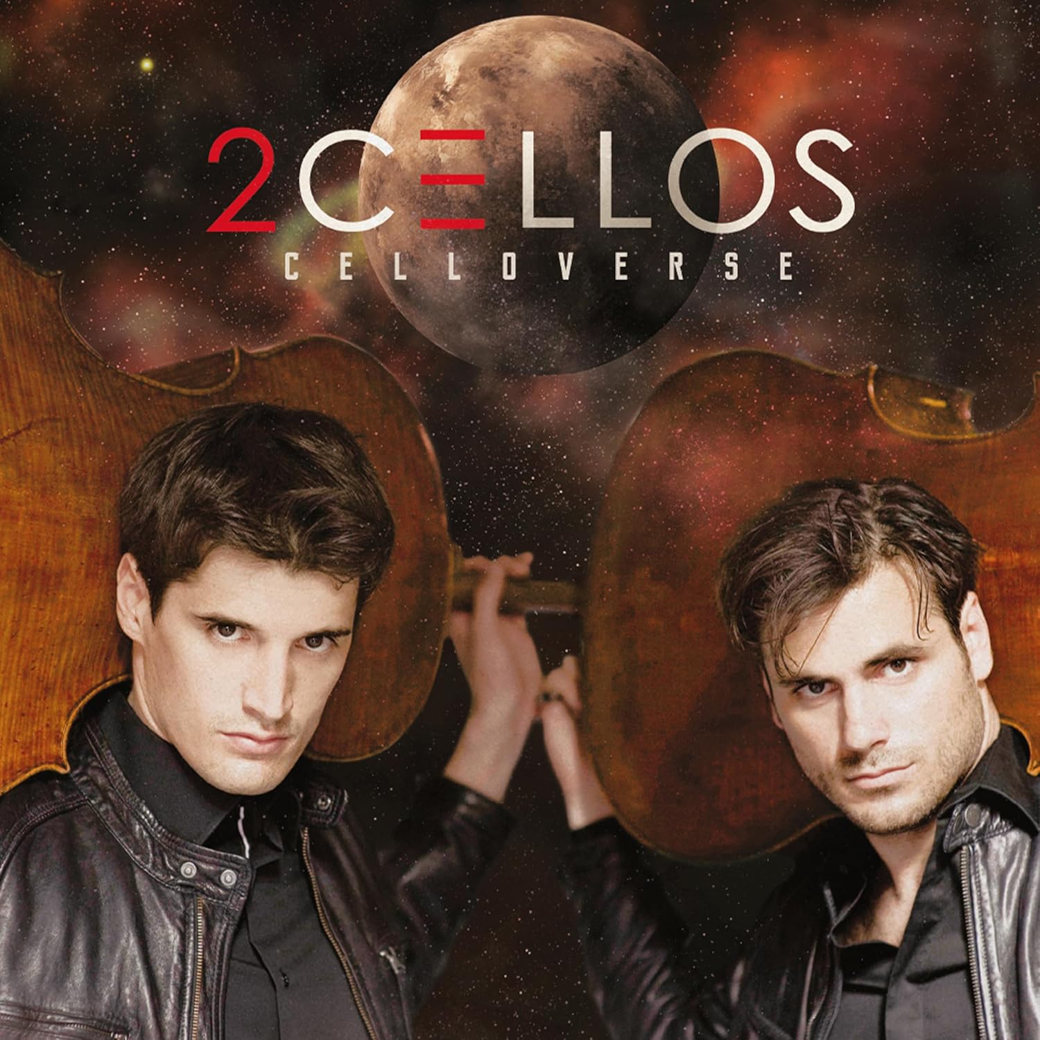 Two men in leather jackets holding cellos against a space background with a planet.