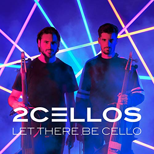 Two men holding cellos against a blue background with colorful neon light beams.