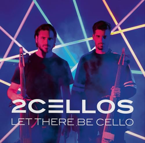Two men holding cellos against a background of glowing neon light lines.