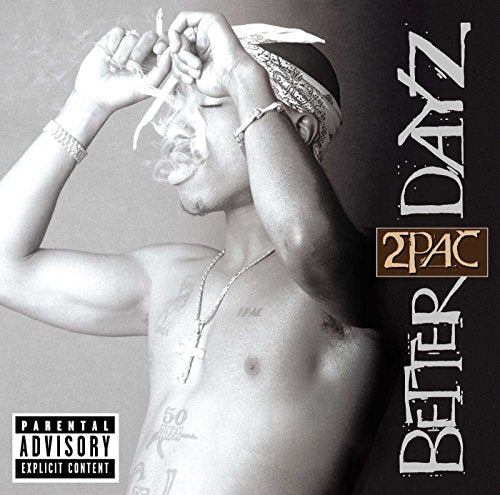 2Pac album cover, black and white portrait with bandana and text.