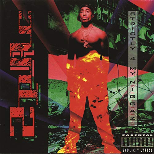 Tupac Shakur standing against a dark background with red and green abstract lighting effects.