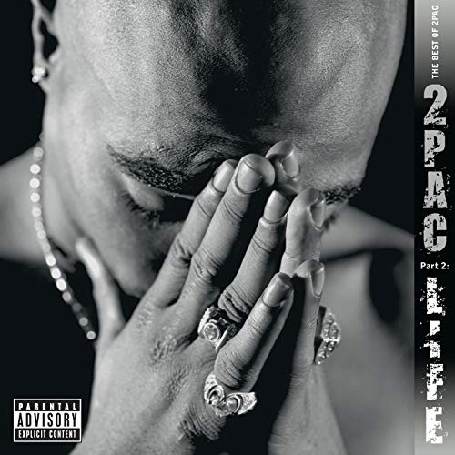 2Pac album cover, black and white portrait with hands covering face.