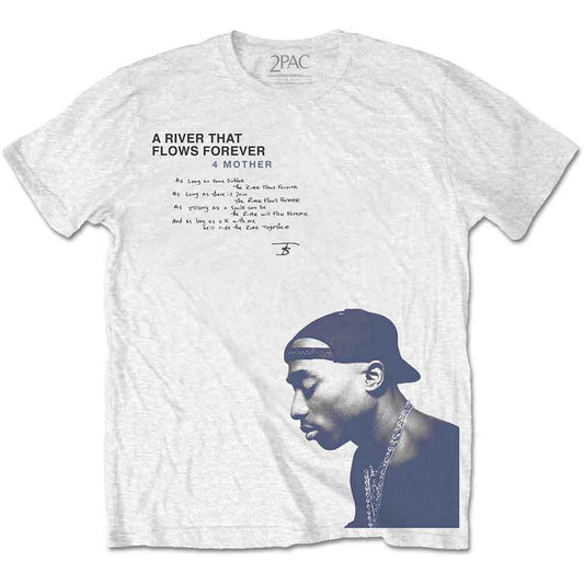 A man wearing a white t-shirt featuring Tupac Shakur and poem text.