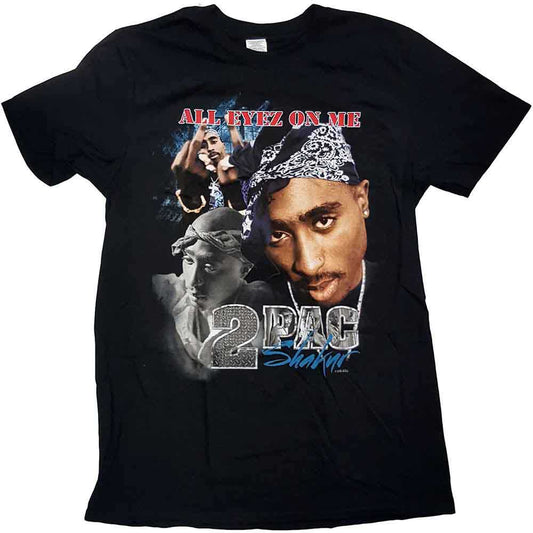 Black t-shirt featuring multiple images of Tupac Shakur and the text All Eyez On Me.
