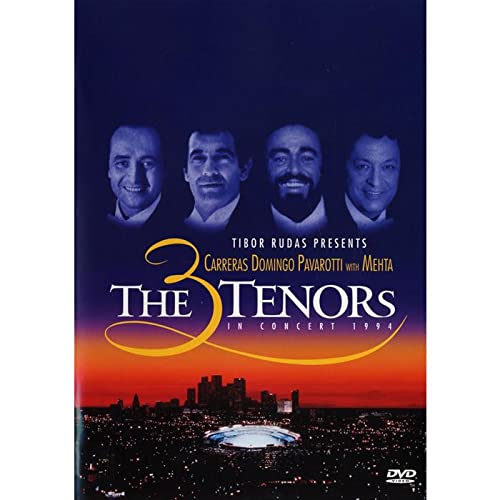 DVD cover featuring portraits of Carreras, Domingo, and Pavarotti above a city skyline.