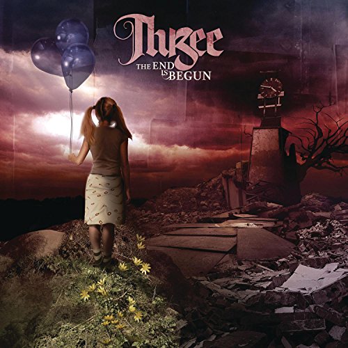 "CD cover art: girl with balloons in a desolate landscape with rubble and a clock."