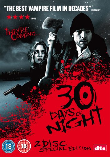 DVD cover for horror film "30 Days of Night" with figures and blood splatters.