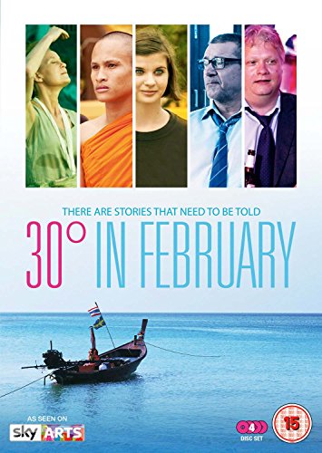 DVD cover for “30 Degrees in February” featuring five faces and a boat.