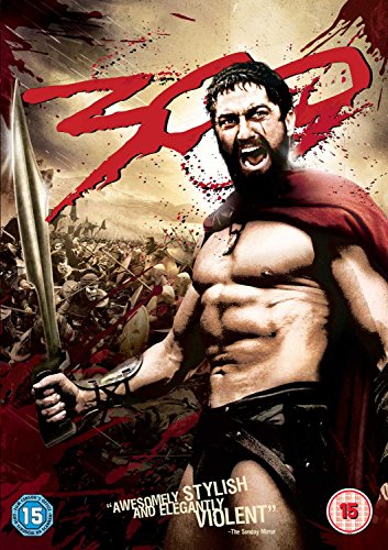 DVD cover art for 300 featuring a shouting Spartan warrior holding a sword in battle.