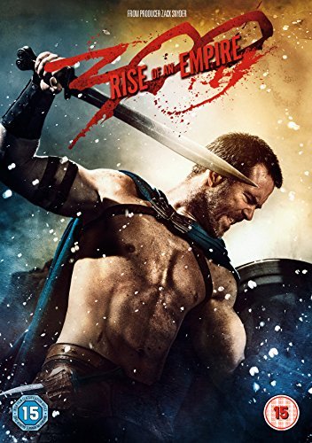 A shirtless warrior wielding a sword on the 300 Rise of an Empire DVD cover.