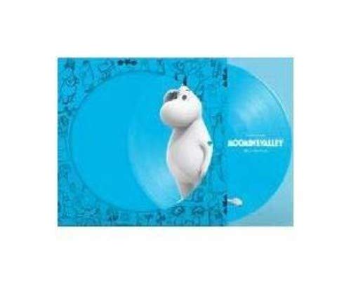 Blue vinyl record featuring Moomintroll illustration and "Moominvalley" text.