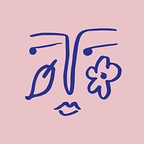 Blue line drawing of a face with a flower on pink background.