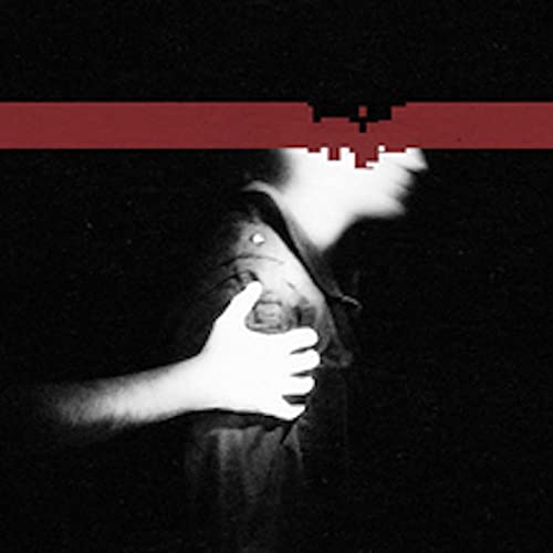 Dark album cover with blurred figure and red pixelated stripe.