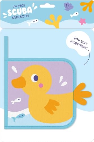 Yellow duckling on a purple and blue fabric bath book with scuba gear.
