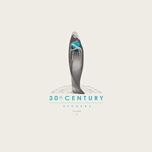 Vinyl record cover with abstract silver shape and teal text.