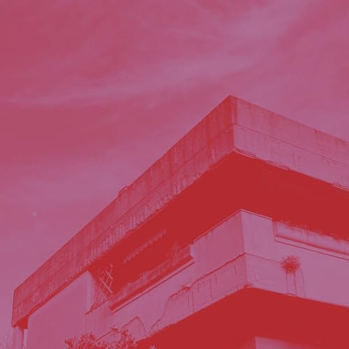 Monochrome red image of a building corner with architectural details.