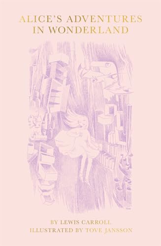 Book cover with gold text and a purple line drawing of Alice falling.