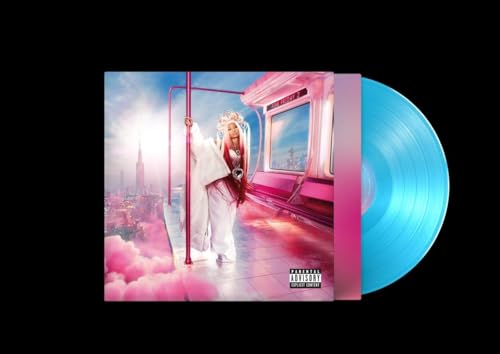 Nicki Minaj album cover “Pink Friday 2” with a light blue vinyl record.
