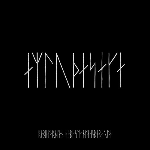 Black background with white Norse runes and faint text below.