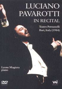 Luciano Pavarotti in recital, DVD cover with portrait of the tenor.