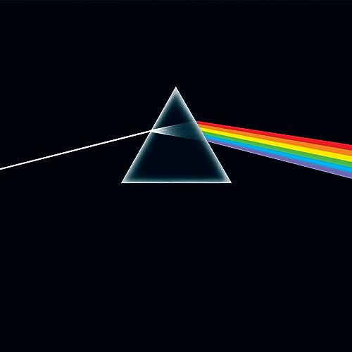 Black background with a prism dispersing a rainbow beam of light.