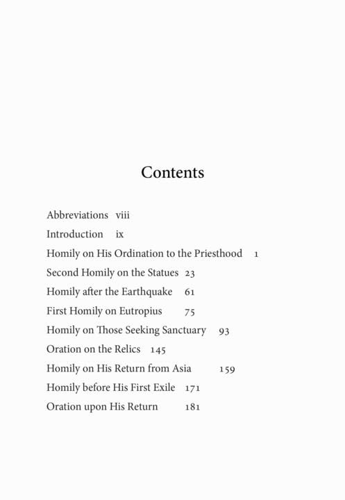 Book contents page listing homilies by St. John Chrysostom.