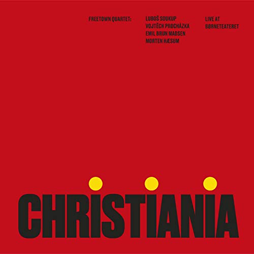 Red album cover with bold white text "CHRISTIANIA" and three yellow dots.