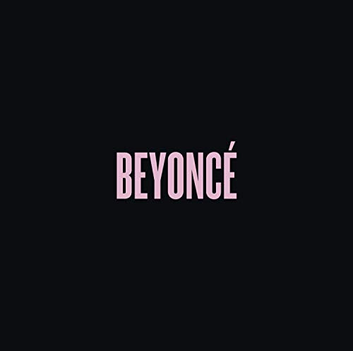 The word BEYONCÉ in light pink capital letters centered on a solid black background.